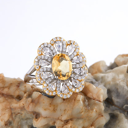 S925 Sterling Silver Natural Citrine Flower Ring