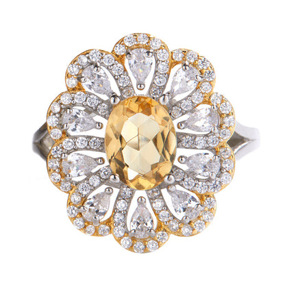 S925 Sterling Silver Natural Citrine Flower Ring